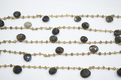 Labradorite Faceted Rondelle Shape Rosary Beaded Chain , Labradorite Faceted Heart Shape Wire Wrapped Chain , 4 - 4.25 mm , RB-5802