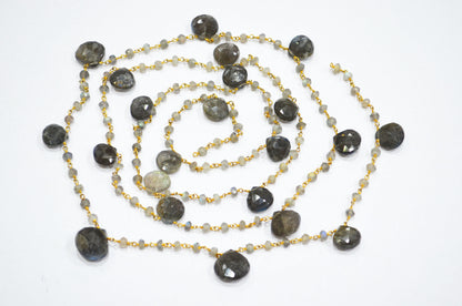 Labradorite Faceted Rondelle Shape Rosary Beaded Chain , Labradorite Faceted Heart Shape Wire Wrapped Chain , 4 - 4.25 mm , RB-5802