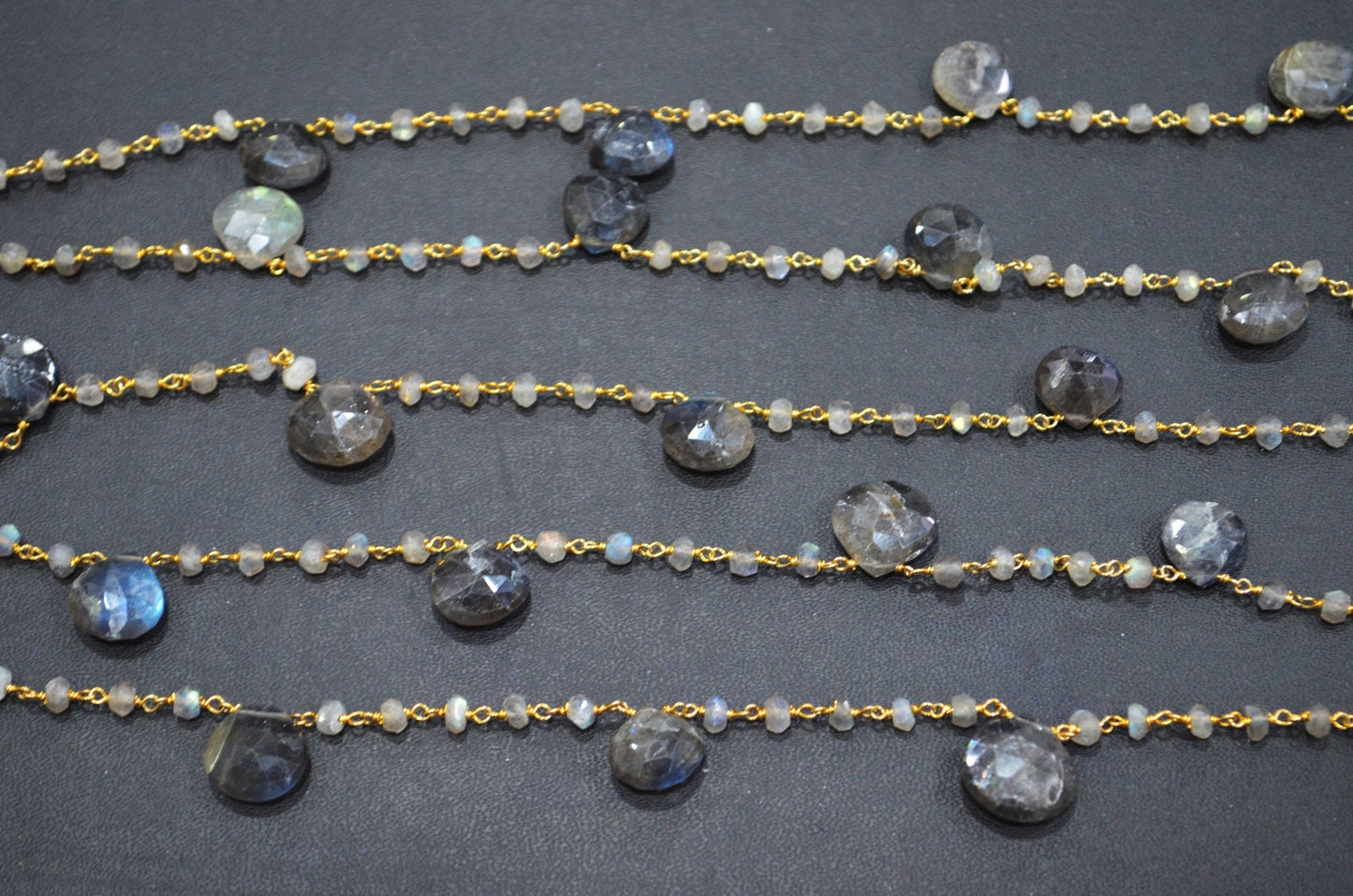 Labradorite Faceted Rondelle Shape Rosary Beaded Chain , Labradorite Faceted Heart Shape Wire Wrapped Chain , 4 - 4.25 mm , RB-5802