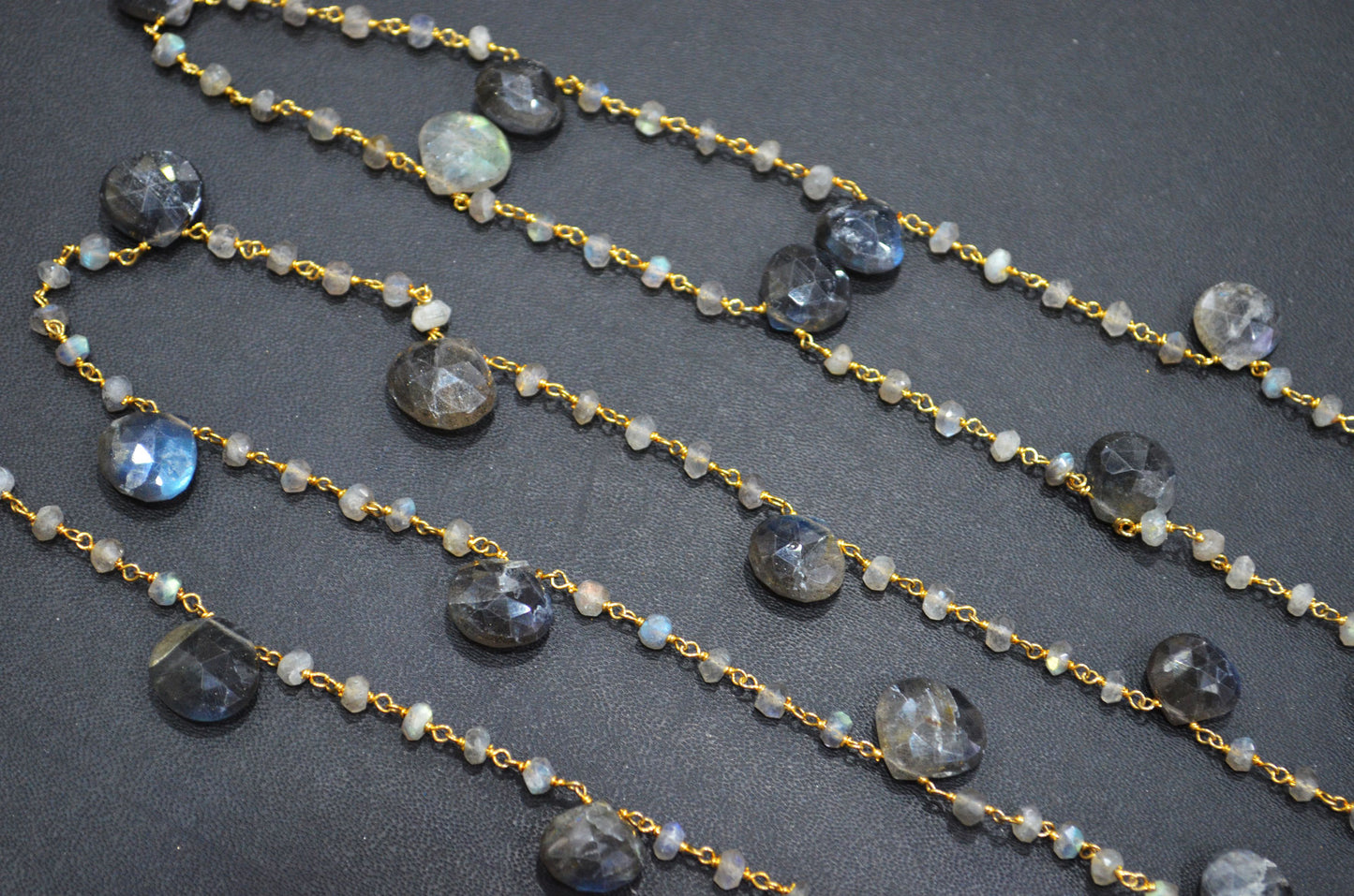 Labradorite Faceted Rondelle Shape Rosary Beaded Chain , Labradorite Faceted Heart Shape Wire Wrapped Chain , 4 - 4.25 mm , RB-5802