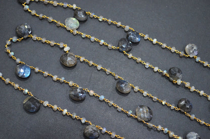 Labradorite Faceted Rondelle Shape Rosary Beaded Chain , Labradorite Faceted Heart Shape Wire Wrapped Chain , 4 - 4.25 mm , RB-5802