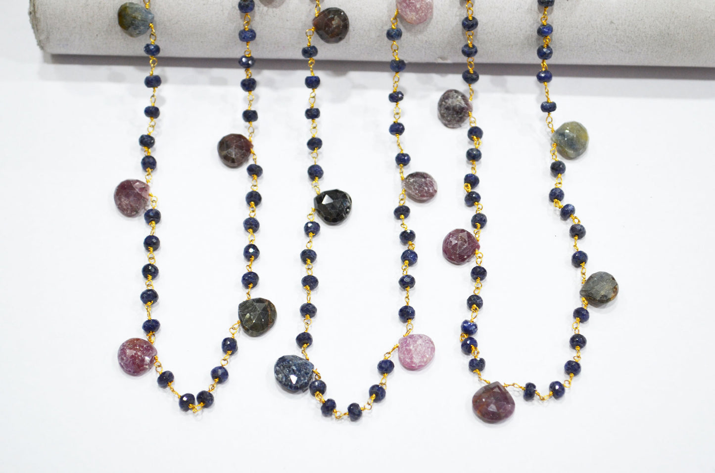 Blue Sapphire Faceted Rondelle Shape Rosary Beaded Chain , Multi Sapphire Faceted Heart Shape Wire Wrapped Chain , 4.50 - 5 mm , RB-5804