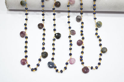 Blue Sapphire Faceted Rondelle Shape Rosary Beaded Chain , Multi Sapphire Faceted Heart Shape Wire Wrapped Chain , 4.50 - 5 mm , RB-5804