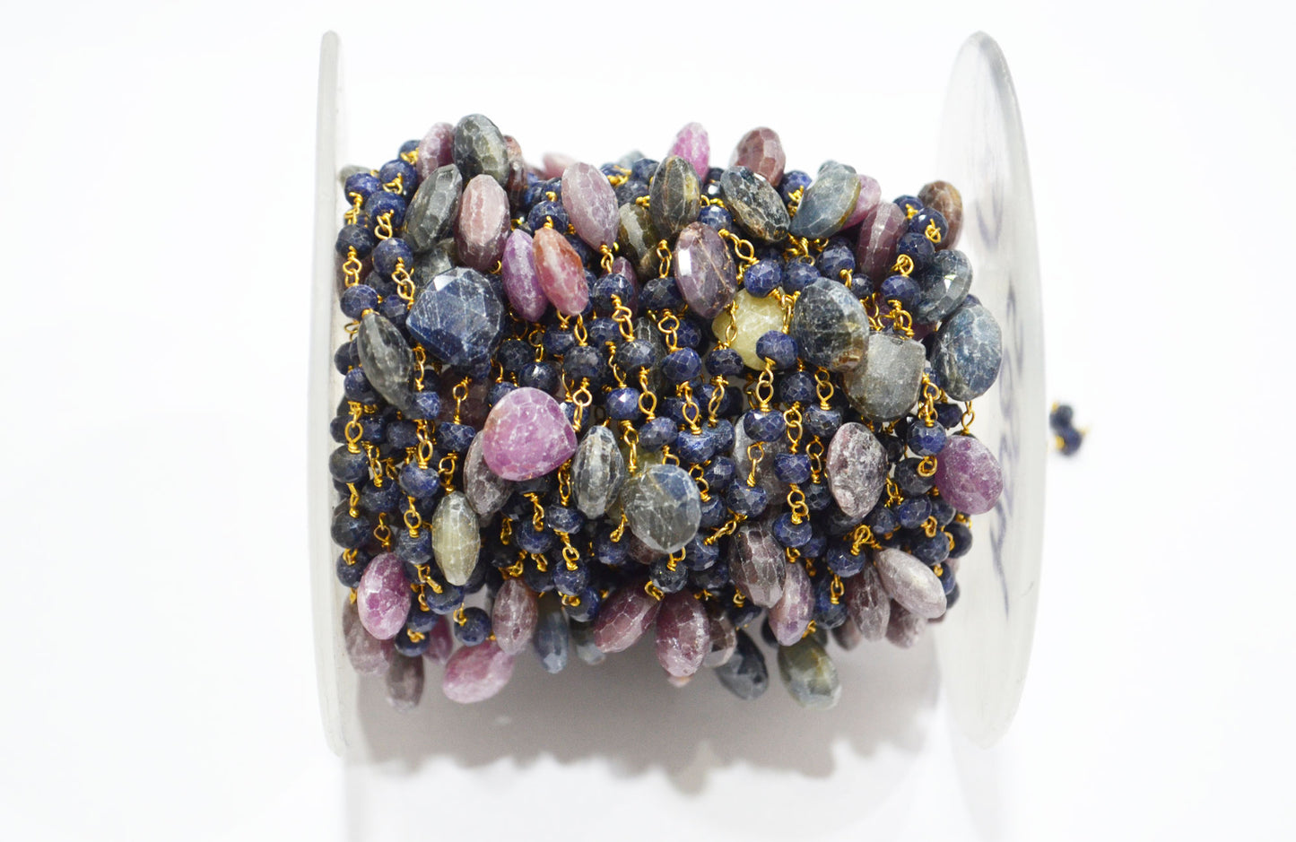 Blue Sapphire Faceted Rondelle Shape Rosary Beaded Chain , Multi Sapphire Faceted Heart Shape Wire Wrapped Chain , 4.50 - 5 mm , RB-5804