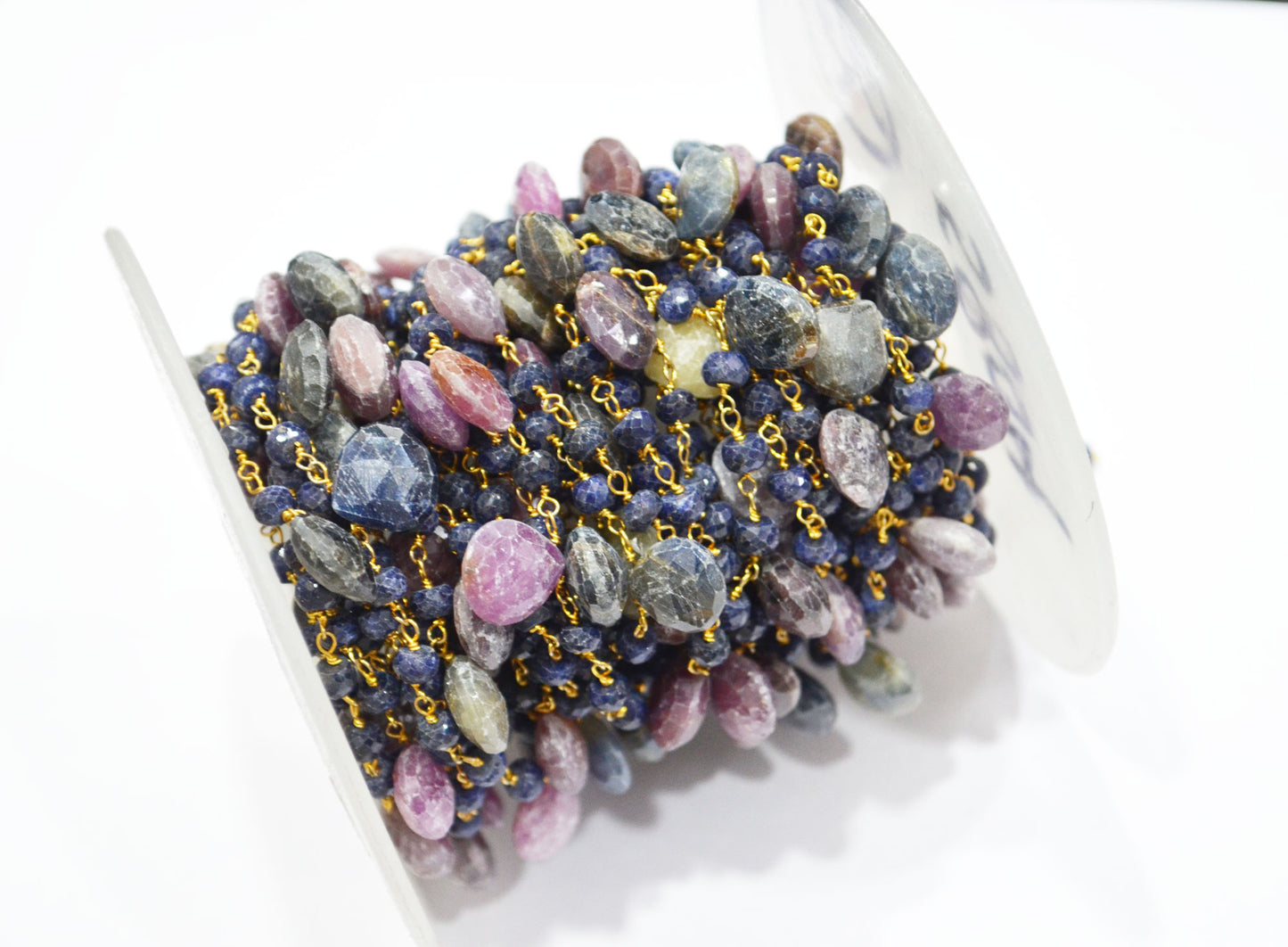 Blue Sapphire Faceted Rondelle Shape Rosary Beaded Chain , Multi Sapphire Faceted Heart Shape Wire Wrapped Chain , 4.50 - 5 mm , RB-5804