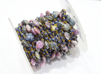 Blue Sapphire Faceted Rondelle Shape Rosary Beaded Chain , Multi Sapphire Faceted Heart Shape Wire Wrapped Chain , 4.50 - 5 mm , RB-5804