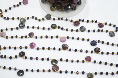 Blue Sapphire Faceted Rondelle Shape Rosary Beaded Chain , Multi Sapphire Faceted Heart Shape Wire Wrapped Chain , 4.50 - 5 mm , RB-5804