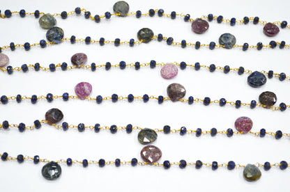 Blue Sapphire Faceted Rondelle Shape Rosary Beaded Chain , Multi Sapphire Faceted Heart Shape Wire Wrapped Chain , 4.50 - 5 mm , RB-5804