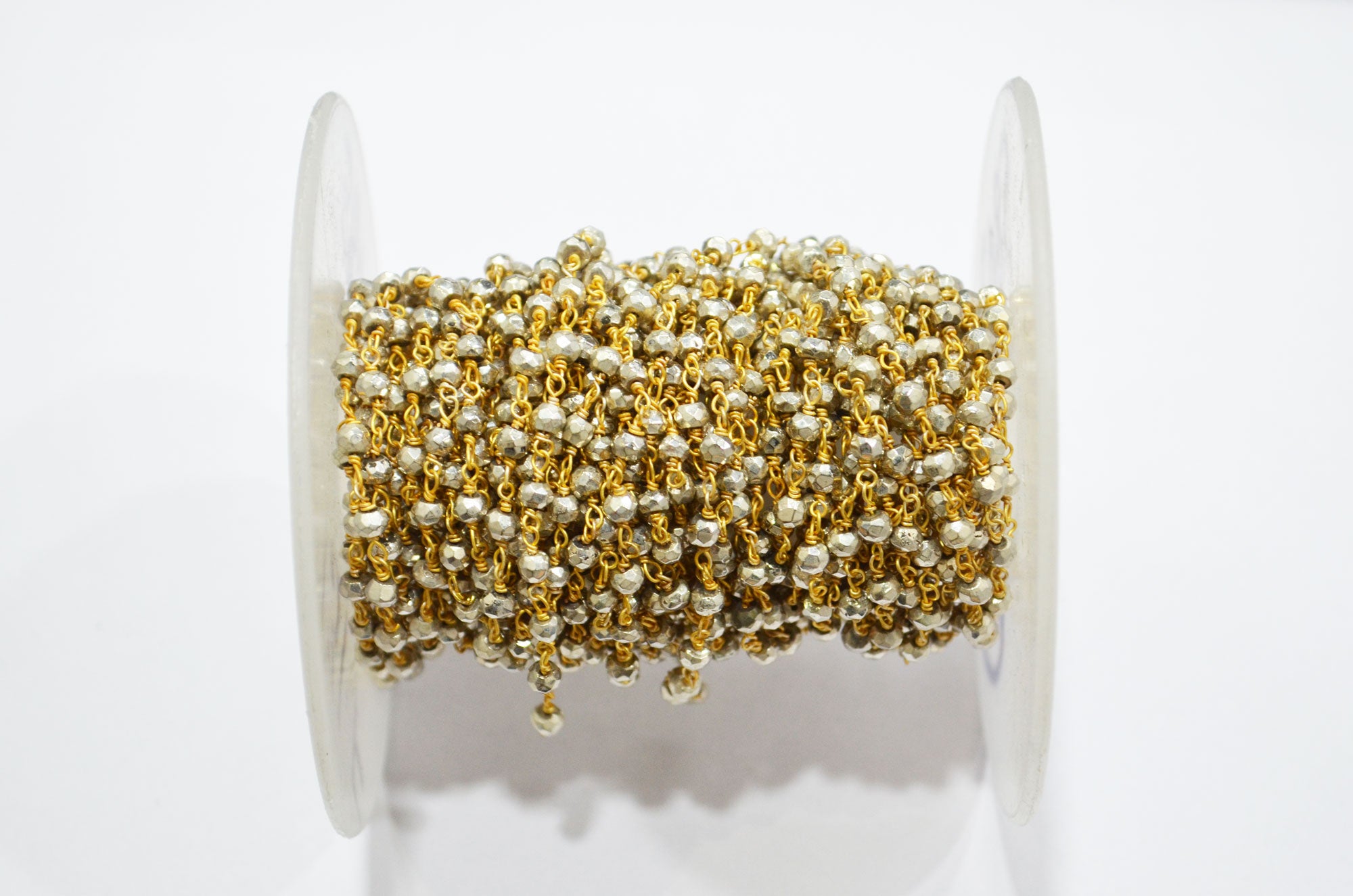 Silver Pyrite Faceted Rondelle Shape Rosary Beaded Chain , Silver Pyrite Gold Wire Wrapped Rosary Chain , 3.75 - 4 mm , RB-5807