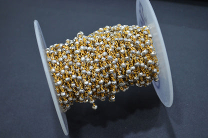 Silver Pyrite Faceted Rondelle Shape Rosary Beaded Chain , Silver Pyrite Gold Wire Wrapped Rosary Chain , 3.75 - 4 mm , RB-5807