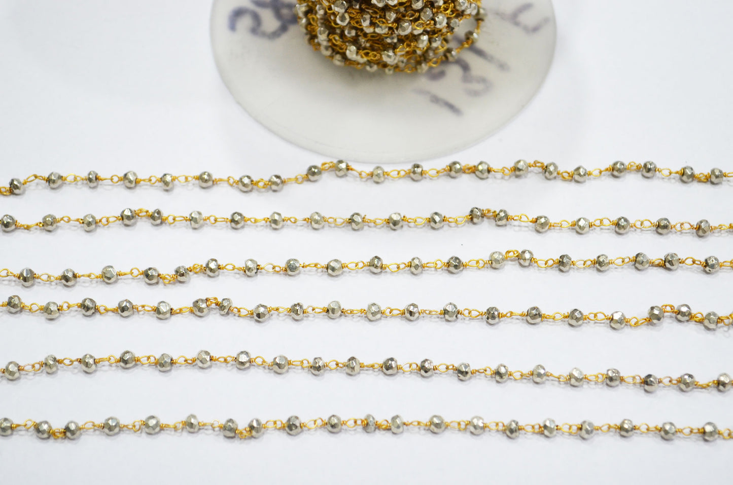 Silver Pyrite Faceted Rondelle Shape Rosary Beaded Chain , Silver Pyrite Gold Wire Wrapped Rosary Chain , 3.75 - 4 mm , RB-5807