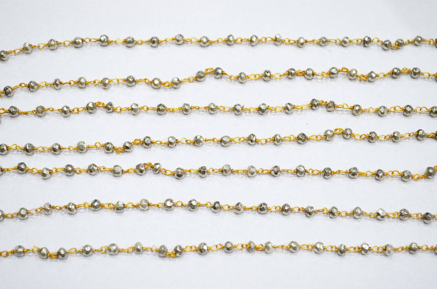 Silver Pyrite Faceted Rondelle Shape Rosary Beaded Chain , Silver Pyrite Gold Wire Wrapped Rosary Chain , 3.75 - 4 mm , RB-5807