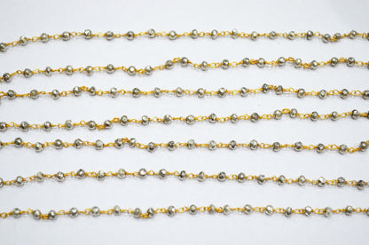 Silver Pyrite Faceted Rondelle Shape Rosary Beaded Chain , Silver Pyrite Gold Wire Wrapped Rosary Chain , 3.75 - 4 mm , RB-5807