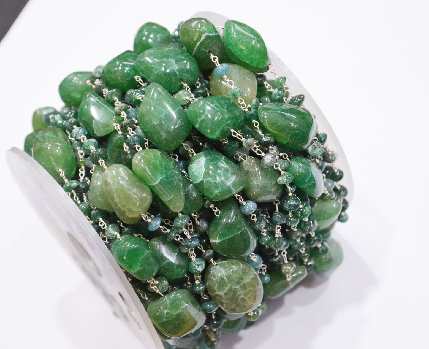 Green Aventurine Smooth Uneven Rondelle Shape Rosary Beaded Chain , Green Aventurine Tumble Shape Wire Wrapped Chain , 4.50 - 5.50 mm , RB-5810