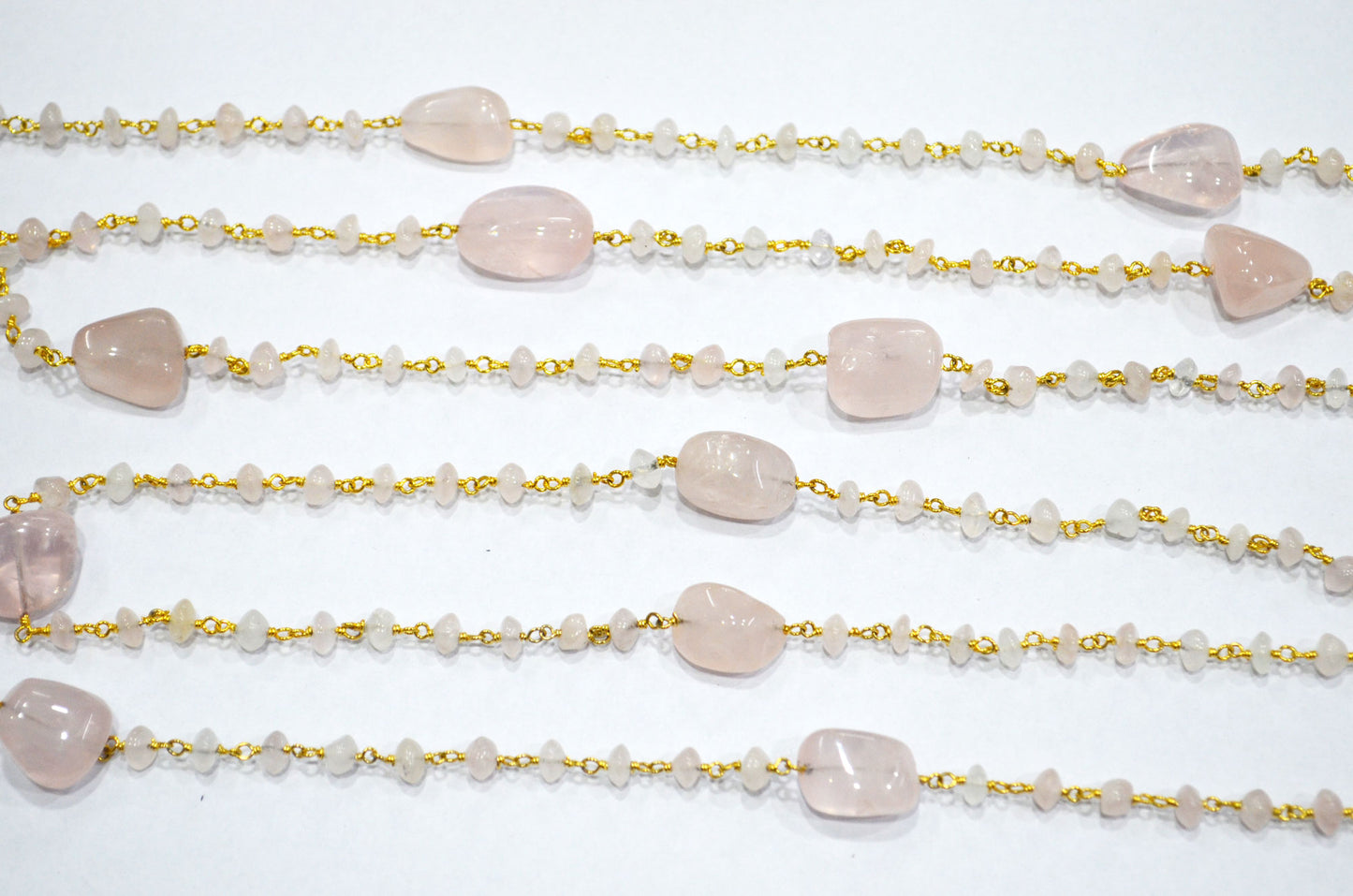 Rose Quartz Uneven Button Shape Rosary Beaded Chain , Rose Quartz Smooth Nuggets Shape Wire Wrapped Chain , 4.50 - 5 mm , RB-5811