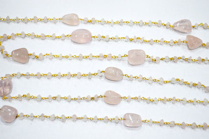 Rose Quartz Uneven Button Shape Rosary Beaded Chain , Rose Quartz Smooth Nuggets Shape Wire Wrapped Chain , 4.50 - 5 mm , RB-5811