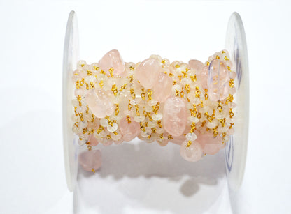 Rose Quartz Uneven Button Shape Rosary Beaded Chain , Rose Quartz Smooth Nuggets Shape Wire Wrapped Chain , 4.50 - 5 mm , RB-5811