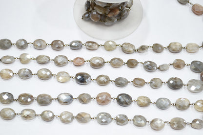 Mystic Gray Moonstone Faceted Oval Shape Rosary Beaded Chain , 10 - 12 mm , RB-5814