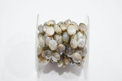 Mystic Gray Moonstone Faceted Oval Shape Rosary Beaded Chain , 10 - 12 mm , RB-5814