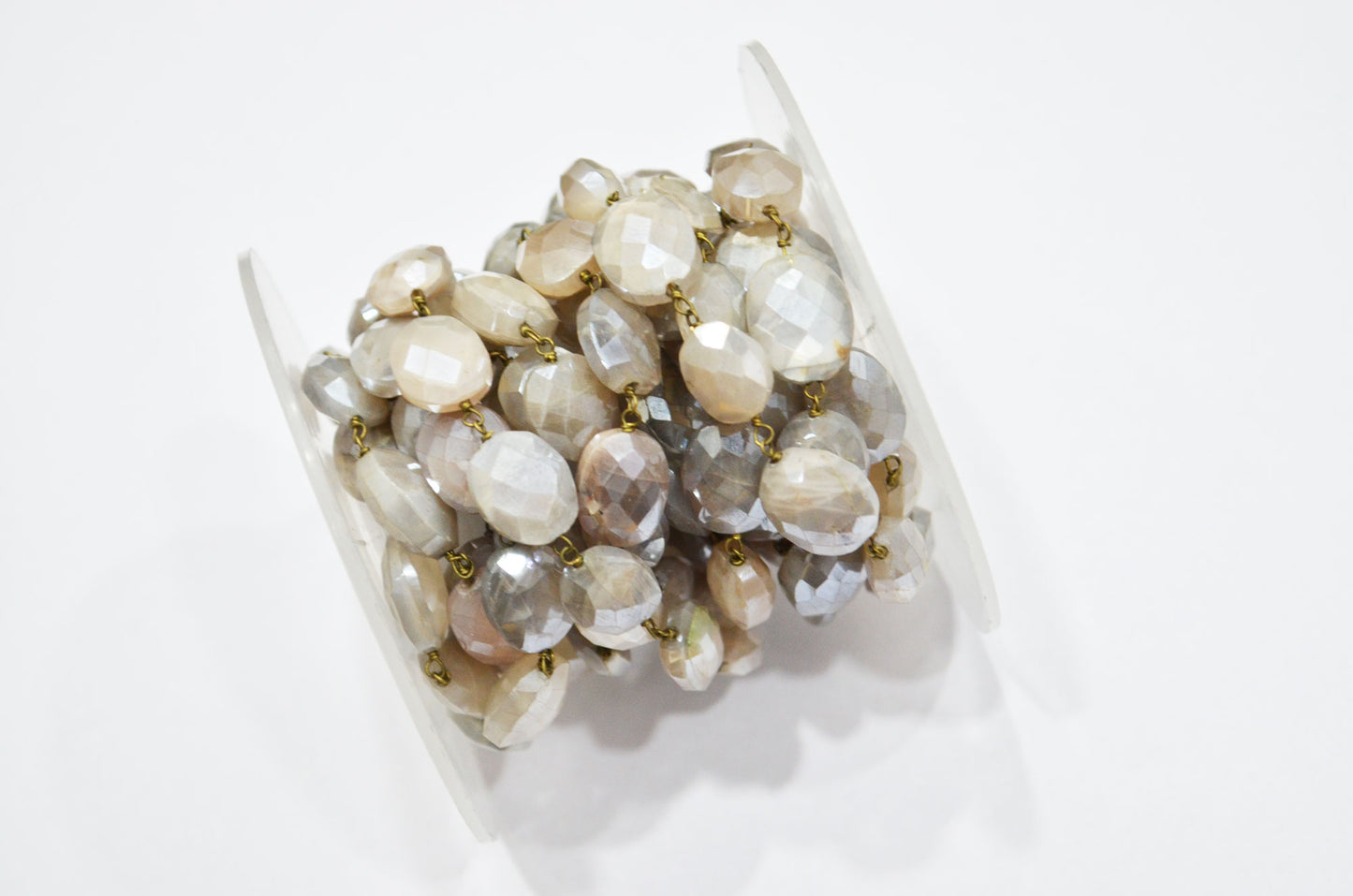 Mystic Gray Moonstone Faceted Oval Shape Rosary Beaded Chain , 10 - 12 mm , RB-5814