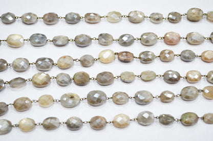 Mystic Gray Moonstone Faceted Oval Shape Rosary Beaded Chain , 10 - 12 mm , RB-5814