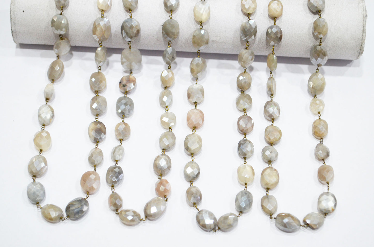 Mystic Gray Moonstone Faceted Oval Shape Rosary Beaded Chain , 10 - 12 mm , RB-5814