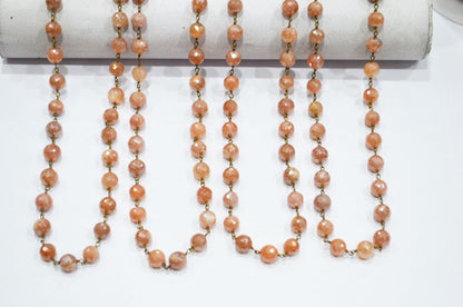Mystic Peach Moonstone Faceted Round Shape Rosary Beaded Chain , 7 - 7.50 mm , RB-5816