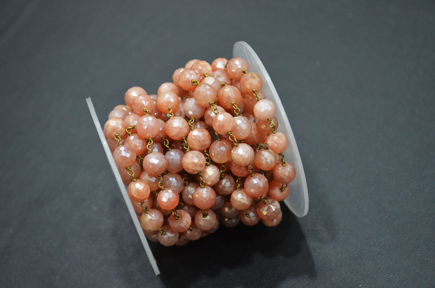 Mystic Peach Moonstone Faceted Round Shape Rosary Beaded Chain , 7 - 7.50 mm , RB-5816