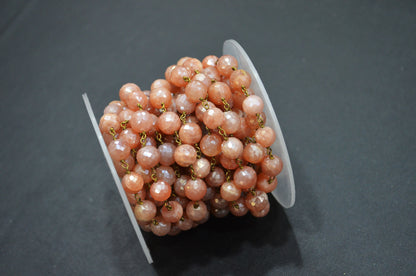 Mystic Peach Moonstone Faceted Round Shape Rosary Beaded Chain , 7 - 7.50 mm , RB-5816