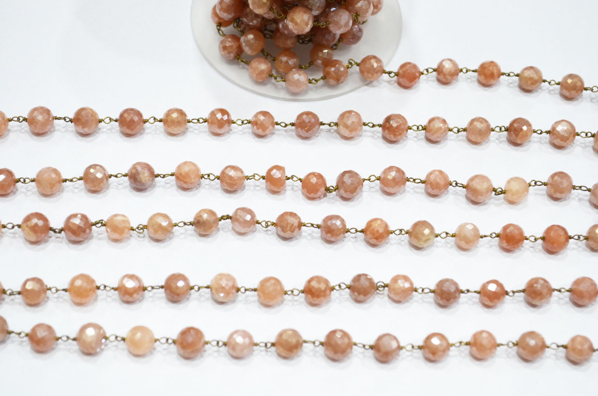 Mystic Peach Moonstone Faceted Round Shape Rosary Beaded Chain , 7 - 7.50 mm , RB-5816