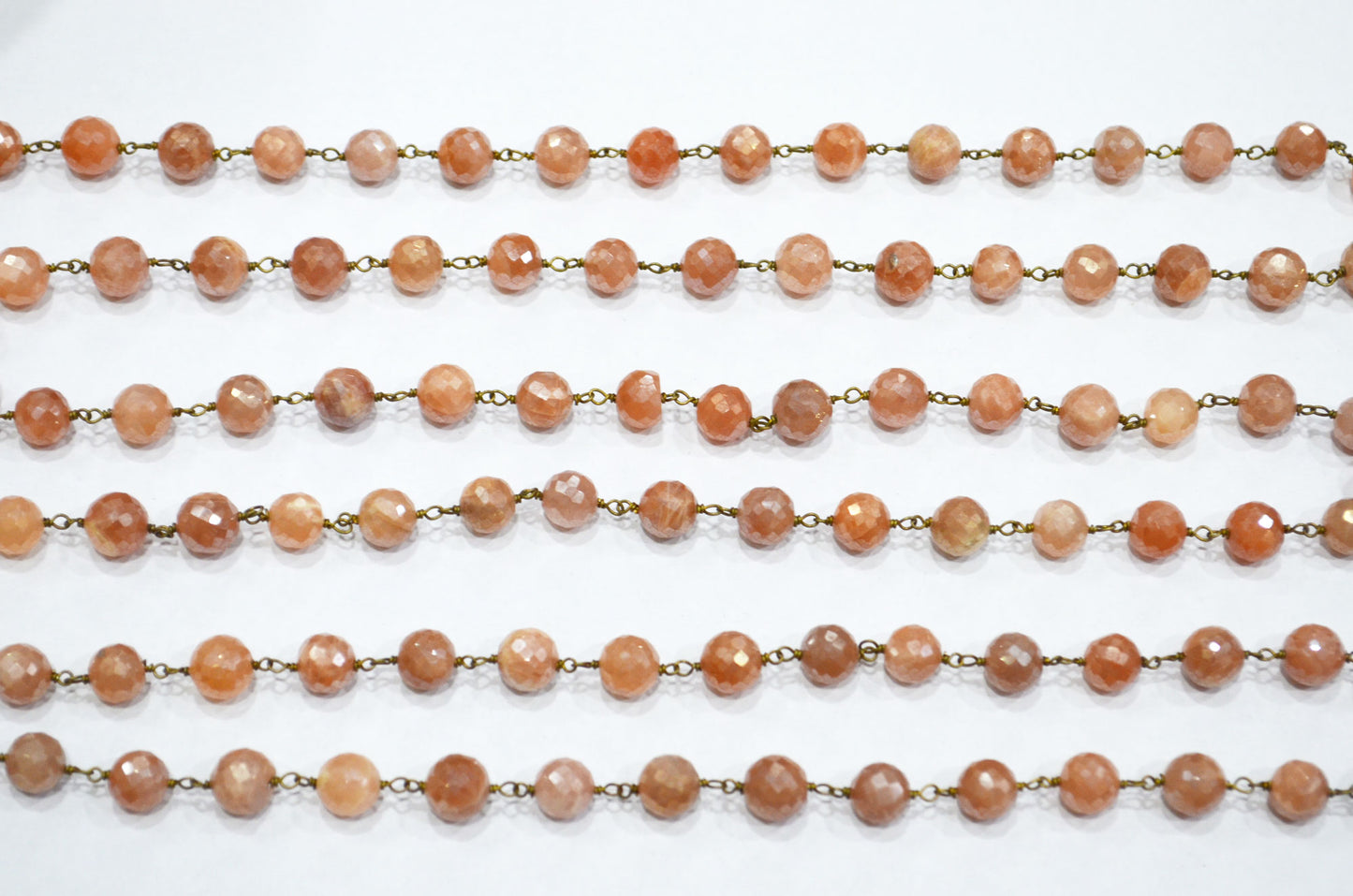 Mystic Peach Moonstone Faceted Round Shape Rosary Beaded Chain , 7 - 7.50 mm , RB-5816