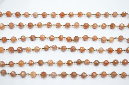 Mystic Peach Moonstone Faceted Round Shape Rosary Beaded Chain , 7 - 7.50 mm , RB-5816