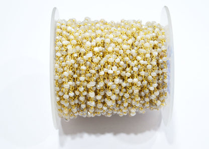 Mystic White Moonstone Faceted Rondelle Shape Chain , Mystic White Moonstone AB Silver Coated Wire Wrapped Chain , 3.50 - 3.75 mm , RB-5819