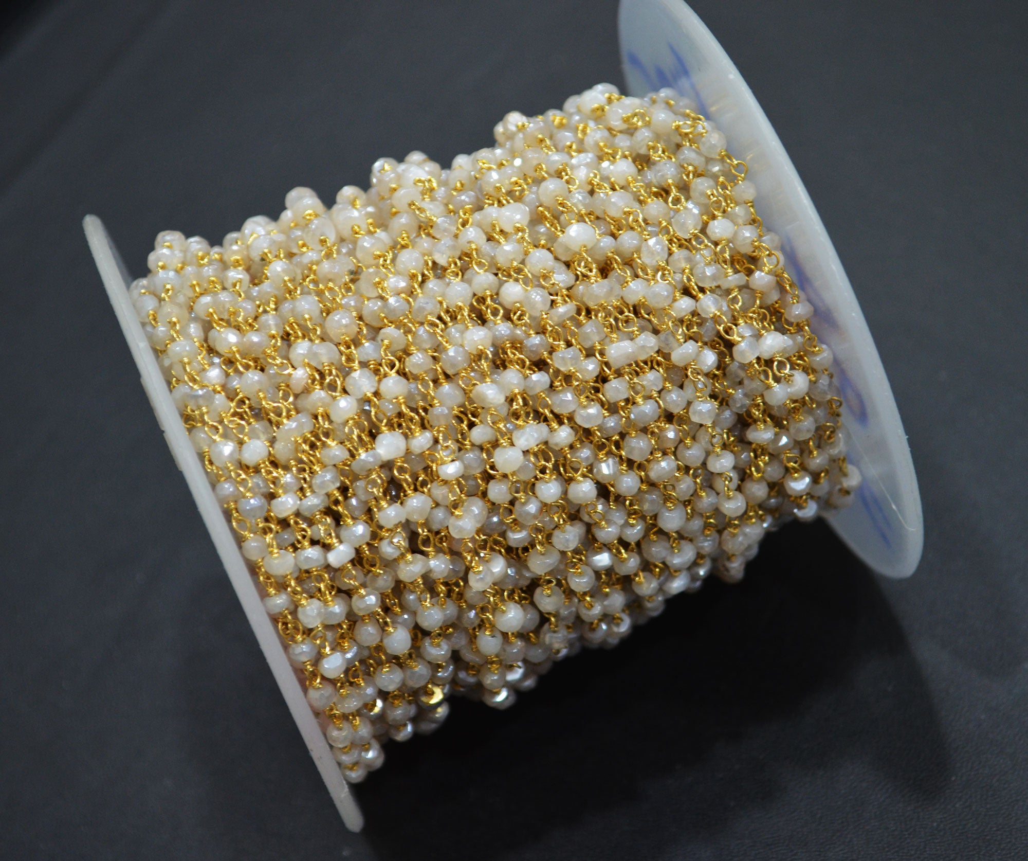 Mystic White Moonstone Faceted Rondelle Shape Chain , Mystic White Moonstone AB Silver Coated Wire Wrapped Chain , 3.50 - 3.75 mm , RB-5819