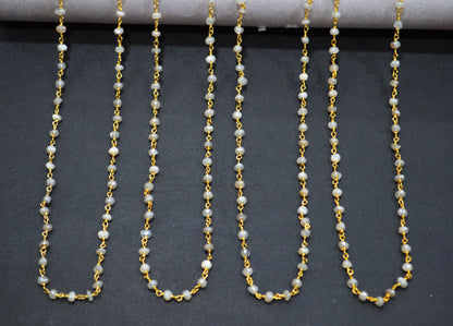 Mystic White Moonstone Faceted Rondelle Shape Chain , Mystic White Moonstone AB Silver Coated Wire Wrapped Chain , 3.50 - 3.75 mm , RB-5819