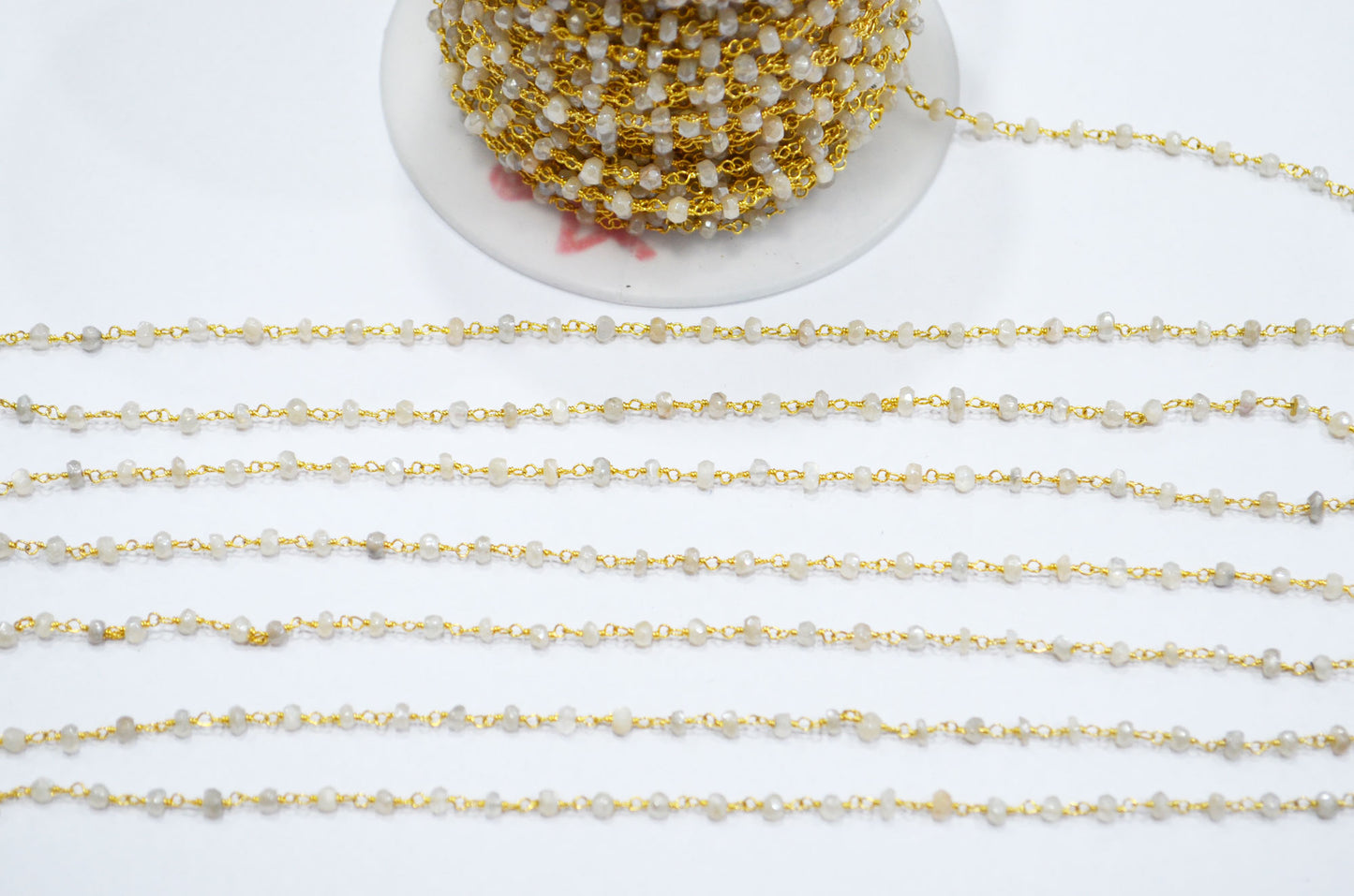 Mystic White Moonstone Faceted Rondelle Shape Chain , Mystic White Moonstone AB Silver Coated Wire Wrapped Chain , 3.50 - 3.75 mm , RB-5819