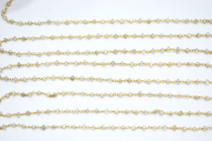 Mystic White Moonstone Faceted Rondelle Shape Chain , Mystic White Moonstone AB Silver Coated Wire Wrapped Chain , 3.50 - 3.75 mm , RB-5819