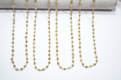 Mystic Cloud Gray Moonstone Faceted Rondelle Shape Chain , Mystic Gray Moonstone AB Silver Coated Wire Wrapped Chain , 3.50 - 3.75 mm , RB-5820