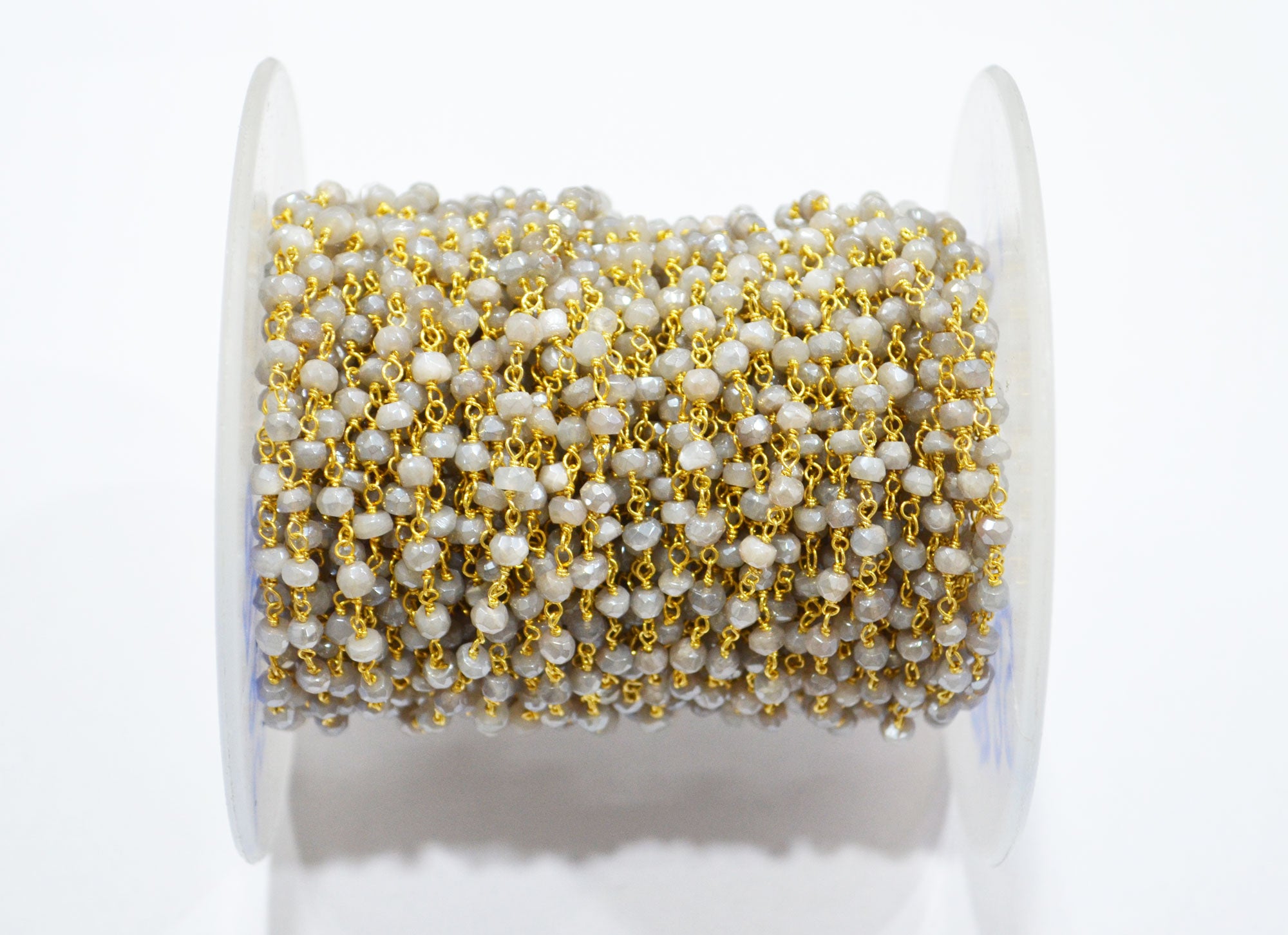 Mystic Cloud Gray Moonstone Faceted Rondelle Shape Chain , Mystic Gray Moonstone AB Silver Coated Wire Wrapped Chain , 3.50 - 3.75 mm , RB-5820