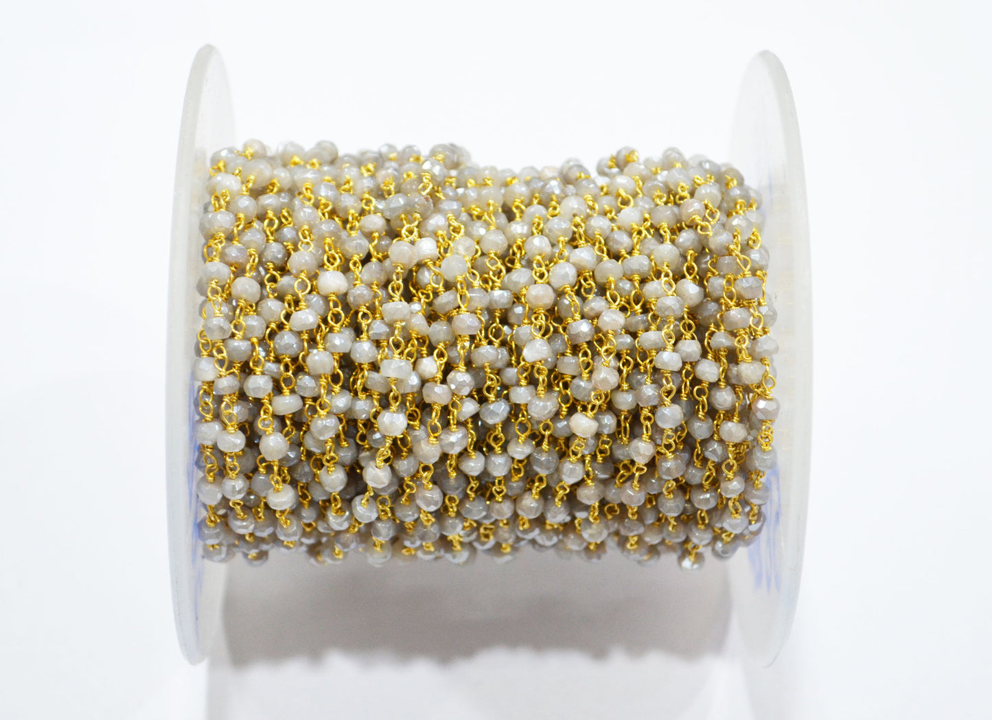 Mystic Cloud Gray Moonstone Faceted Rondelle Shape Chain , Mystic Gray Moonstone AB Silver Coated Wire Wrapped Chain , 3.50 - 3.75 mm , RB-5820