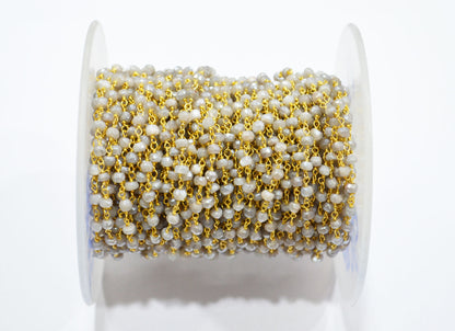 Mystic Cloud Gray Moonstone Faceted Rondelle Shape Chain , Mystic Gray Moonstone AB Silver Coated Wire Wrapped Chain , 3.50 - 3.75 mm , RB-5820