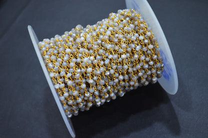 Mystic Cloud Gray Moonstone Faceted Rondelle Shape Chain , Mystic Gray Moonstone AB Silver Coated Wire Wrapped Chain , 3.50 - 3.75 mm , RB-5820