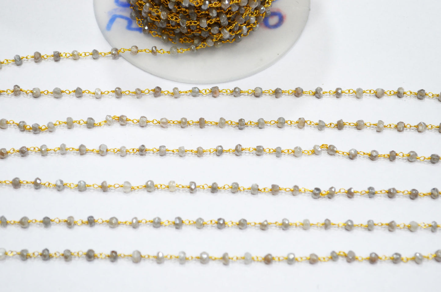 Mystic Cloud Gray Moonstone Faceted Rondelle Shape Chain , Mystic Gray Moonstone AB Silver Coated Wire Wrapped Chain , 3.50 - 3.75 mm , RB-5820