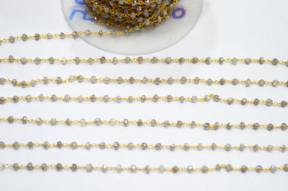 Mystic Cloud Gray Moonstone Faceted Rondelle Shape Chain , Mystic Gray Moonstone AB Silver Coated Wire Wrapped Chain , 3.50 - 3.75 mm , RB-5820