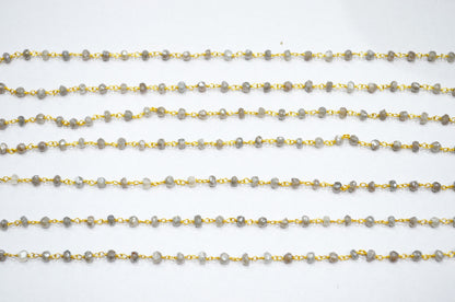 Mystic Cloud Gray Moonstone Faceted Rondelle Shape Chain , Mystic Gray Moonstone AB Silver Coated Wire Wrapped Chain , 3.50 - 3.75 mm , RB-5820