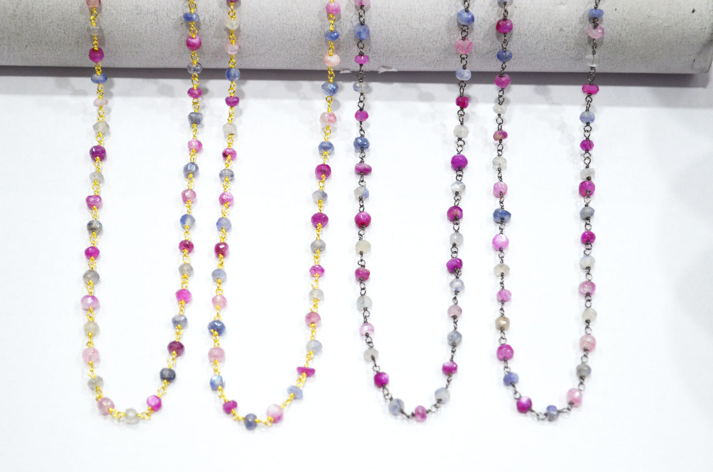 Sapphire Colored Moonstone Faceted Rondelle Shape Rosary Beaded Chain , Ruby Colored Moonstone Wire Wrapped Chain , 4 - 4.75 mm , RB-5821