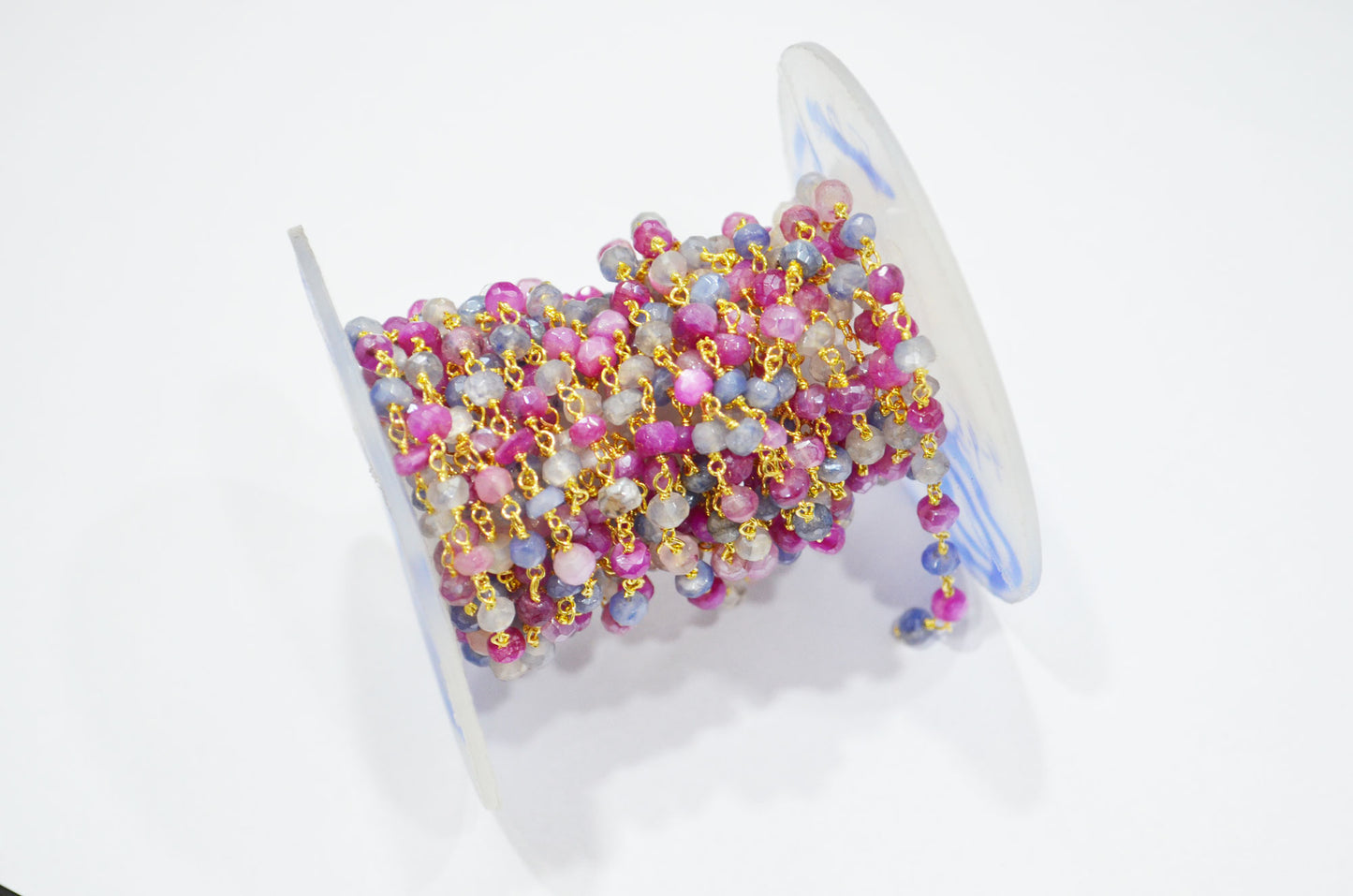 Sapphire Colored Moonstone Faceted Rondelle Shape Rosary Beaded Chain , Ruby Colored Moonstone Wire Wrapped Chain , 4 - 4.75 mm , RB-5821