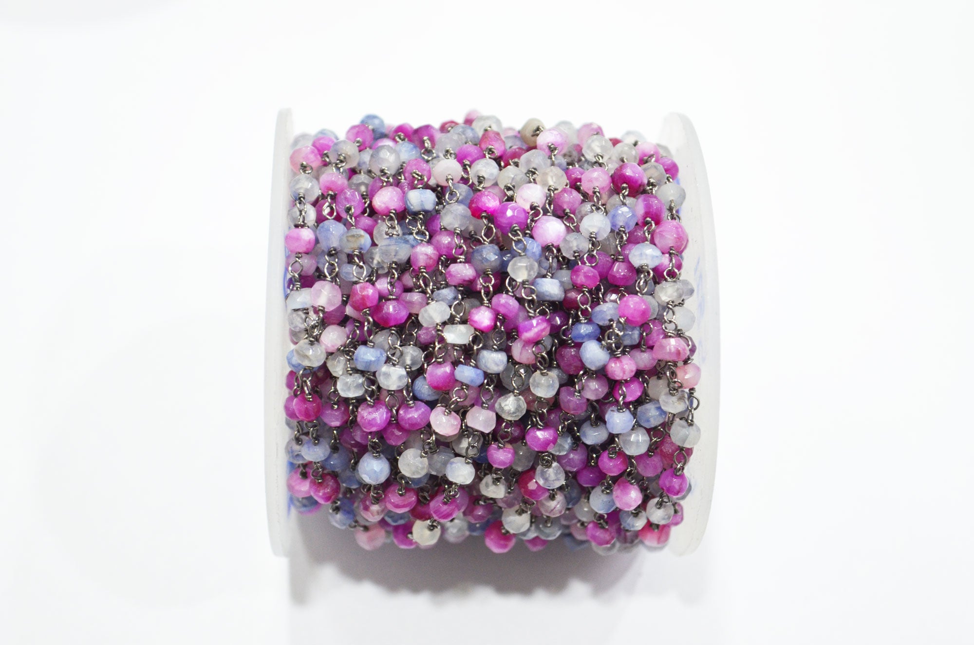 Sapphire Colored Moonstone Faceted Rondelle Shape Rosary Beaded Chain , Ruby Colored Moonstone Wire Wrapped Chain , 4 - 4.75 mm , RB-5821