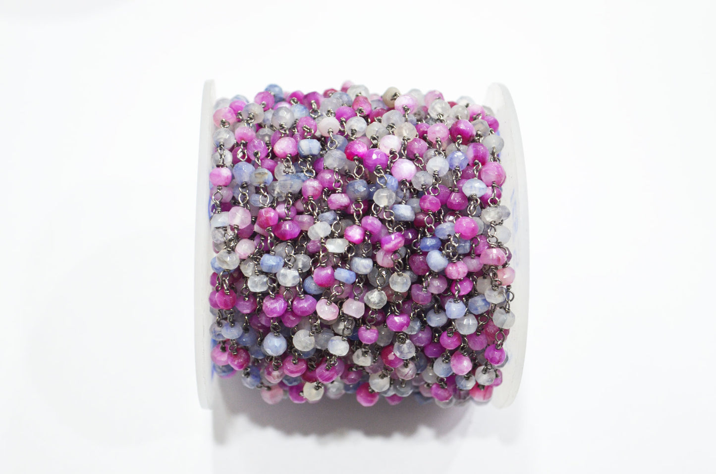 Sapphire Colored Moonstone Faceted Rondelle Shape Rosary Beaded Chain , Ruby Colored Moonstone Wire Wrapped Chain , 4 - 4.75 mm , RB-5821