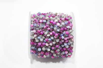 Sapphire Colored Moonstone Faceted Rondelle Shape Rosary Beaded Chain , Ruby Colored Moonstone Wire Wrapped Chain , 4 - 4.75 mm , RB-5821